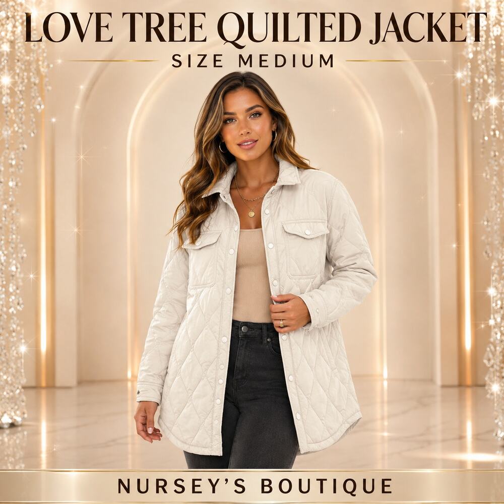 Love Tree Women’s M Cream Diamond Quilted Longline Snap Front Jacket